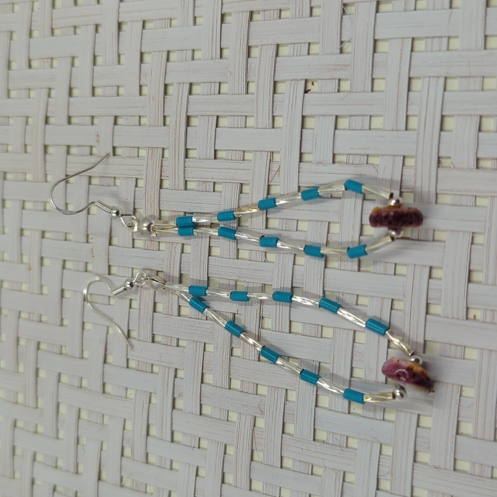 Handmade silver, turquoise spiny oyster dangle earrings - Picture 3 of 4